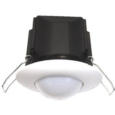Een plafond bewegingsmelder met een witte sensor en zwarte behuizing voor automatische verlichtingsbesturing.