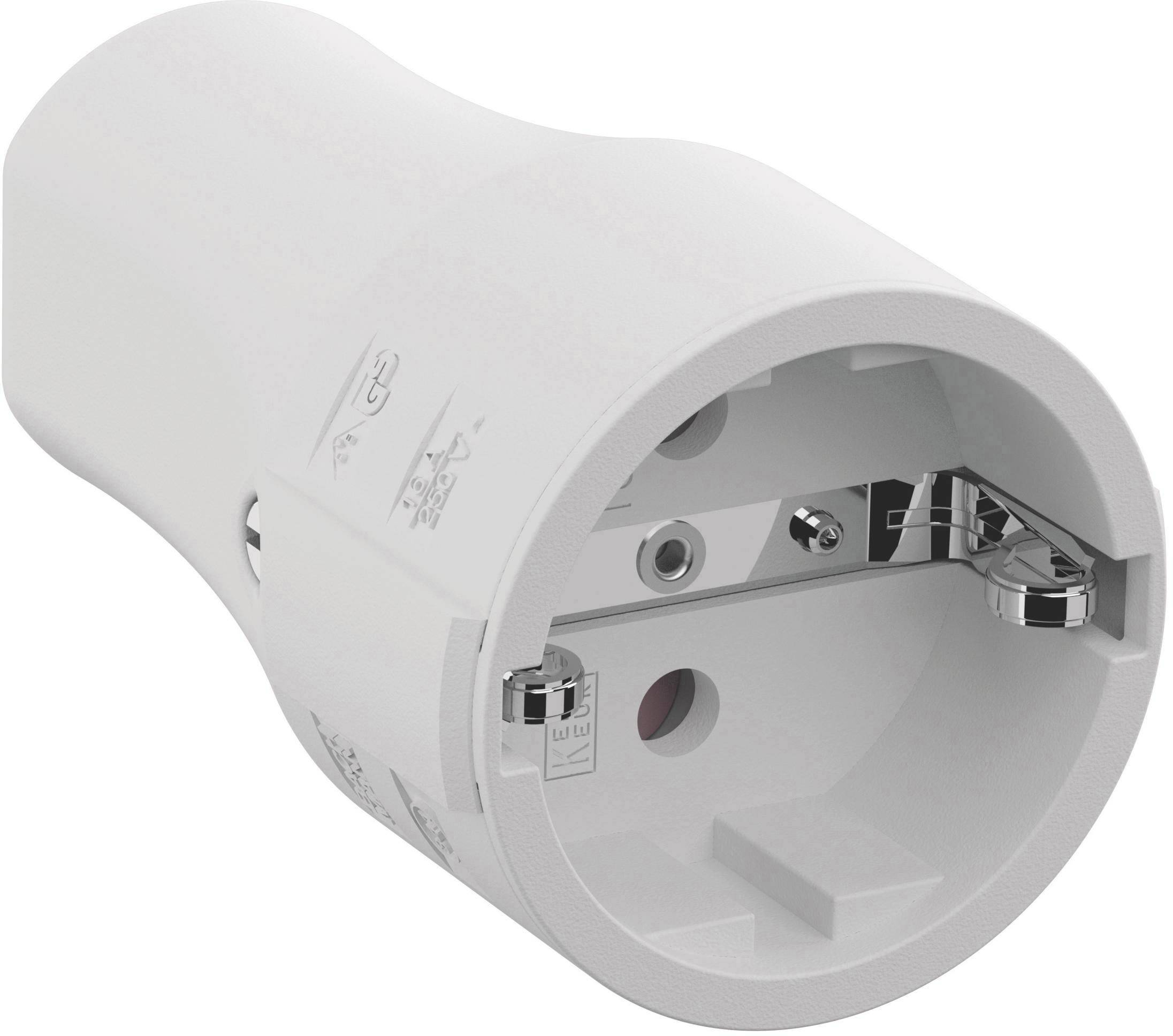 Een witte Schuko-steekeradapter met robuuste kunststof behuizing en zilveren metalen contact. Geschikt voor Europese stopcontacten.