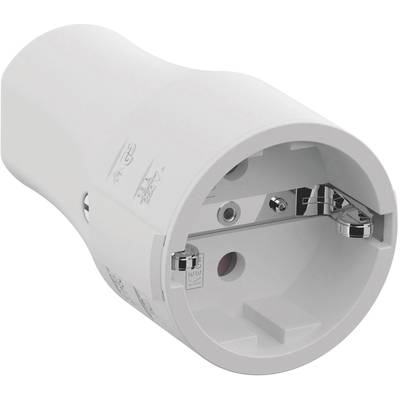Een witte Schuko-steekeradapter met robuuste kunststof behuizing en zilveren metalen contact. Geschikt voor Europese stopcontacten.