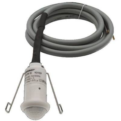 Een grijs kabel met een witte cilindrische sensor die dienst doet als plafondbewesingssensor. De sensor heeft aansluitklemmen en een zwarte kabelmantel.