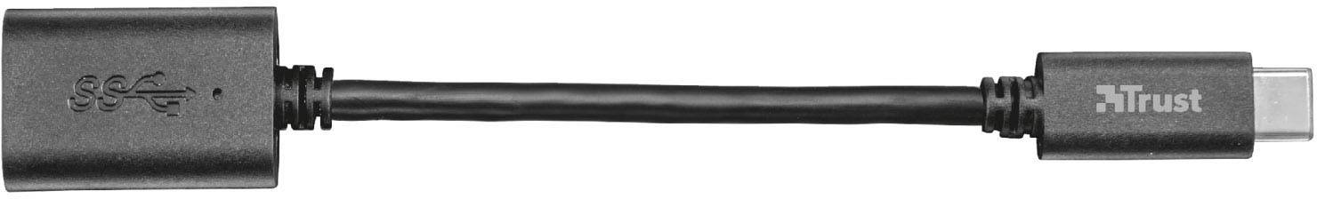 Een zwart USB-A-naar-USB-C-adapterkabel van Trust, geschikt voor het verbinden van apparaten met verschillende USB-aansluitingen.