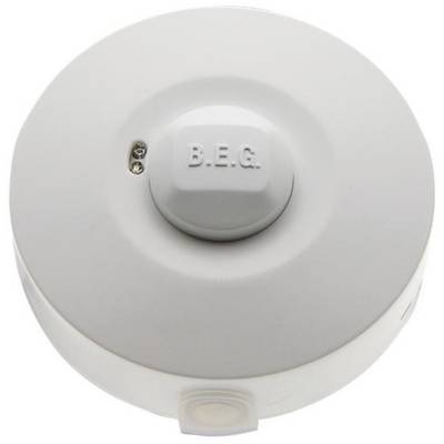 Ronde, witte bewegingssensor met 'B.E.G.' opschrift in het midden.