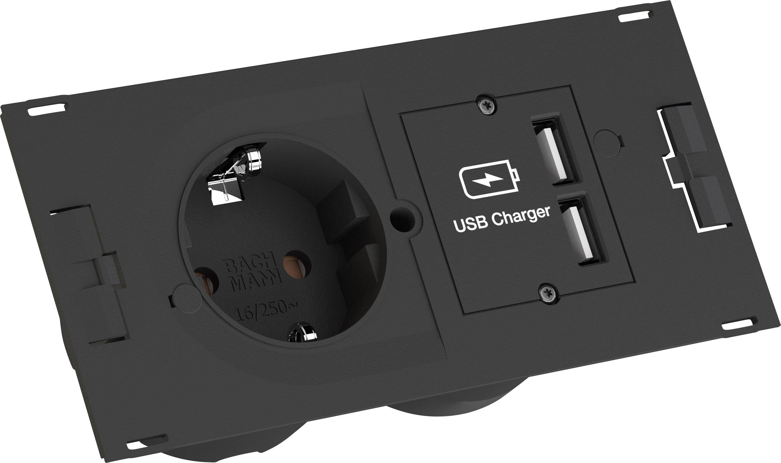 Zwarte wandcontactdoos met een conventionele steekverbinding links en twee USB-oplaadpoorten rechts, gemarkeerd met 'USB-lader'.