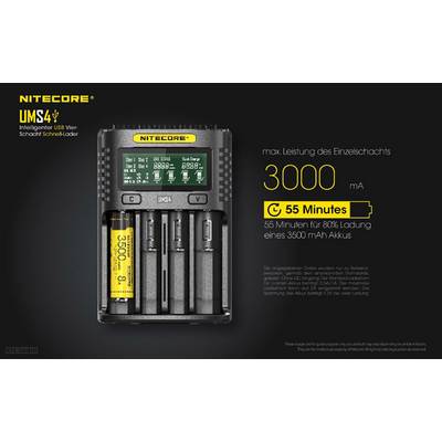 'Nitecore UMS4 Oplader met 3000 mA vermogen. 55 minuten voor 80% oplading van een 3500 mAh accu. Weergave op een groen scherm.'