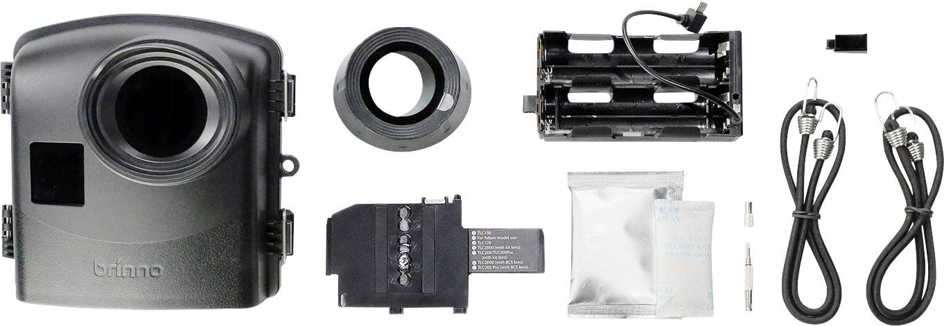 Digitale camera met toebehoren: beschermbehuizing, batterijvak, kabel, lensdop, camera-adapter, schroeven en afdichting.