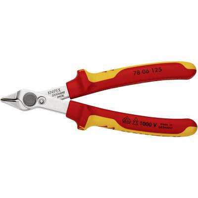 Zijkniptang met rode en gele handgrepen, geschikt voor werkzaamheden tot 1000 V. Op het metalen deel staat 'KNIPEX Germany INOX'.