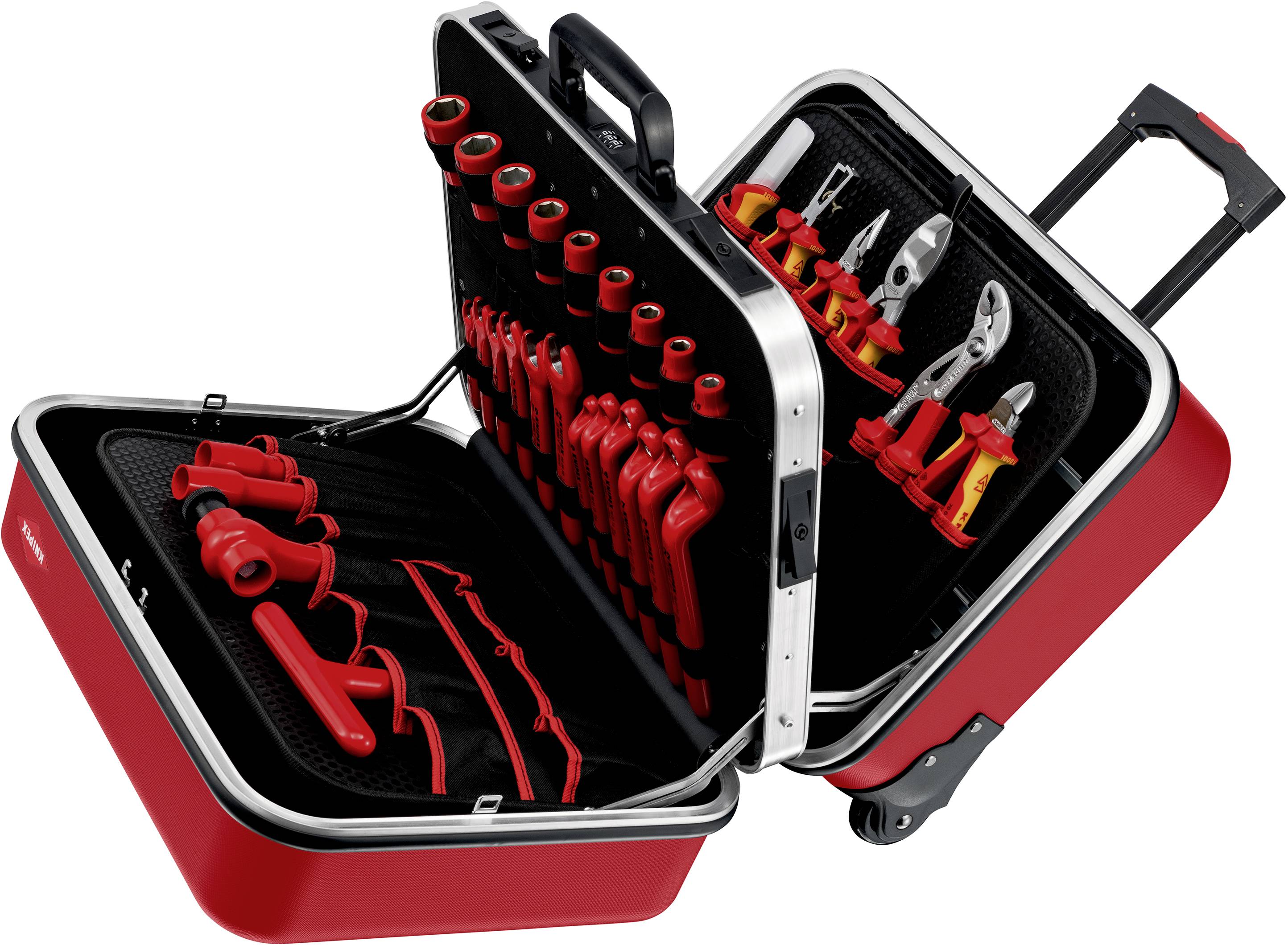 Een rode gereedschapskist met opengeslagen deksel toont een georganiseerde verzameling van verschillende handgereedschappen in gevormde houders.