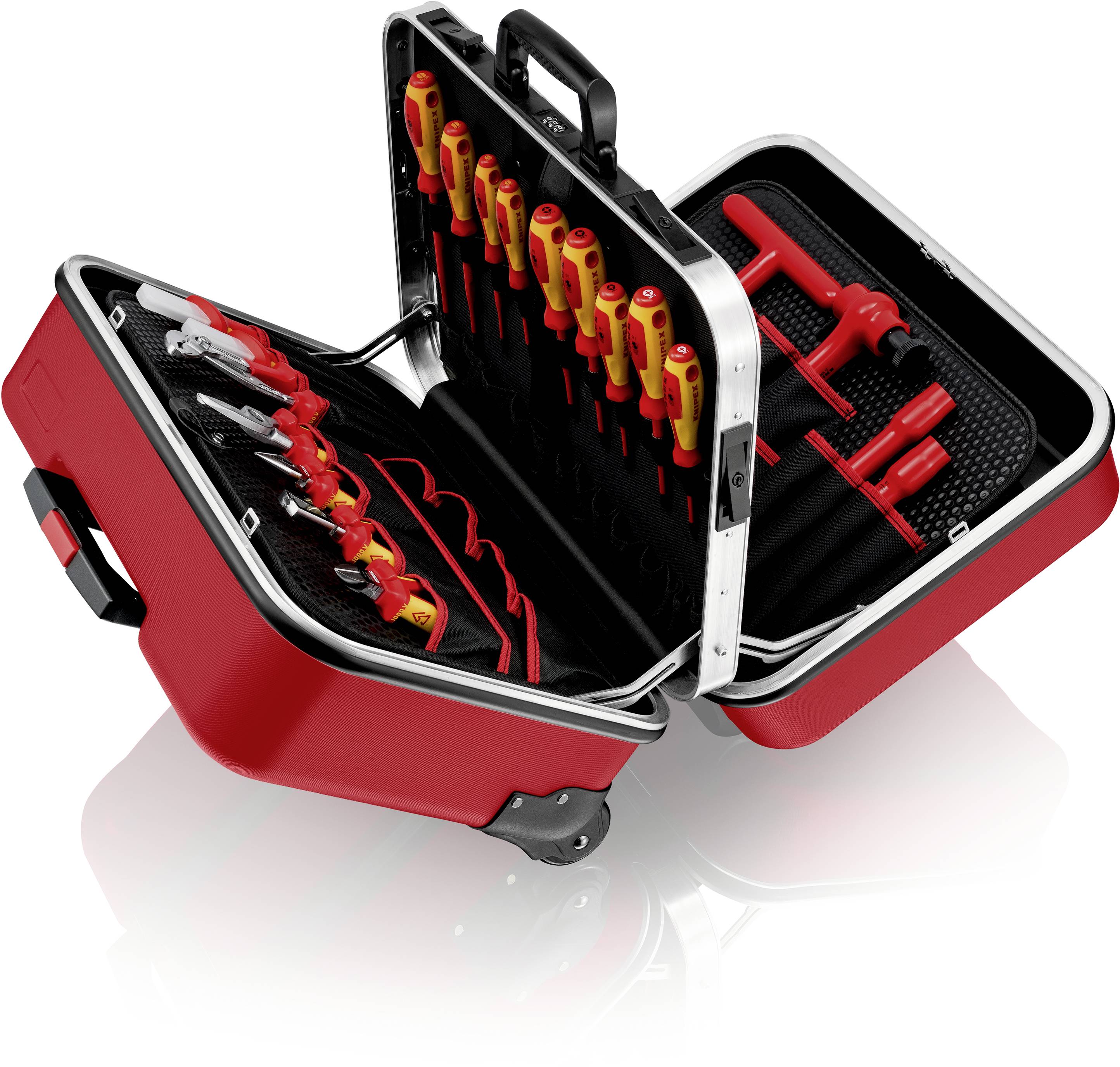 Een open rode gereedschapskoffer met verschillende schroevendraaiers en tangen, die netjes zijn opgeborgen in geordende vakken.