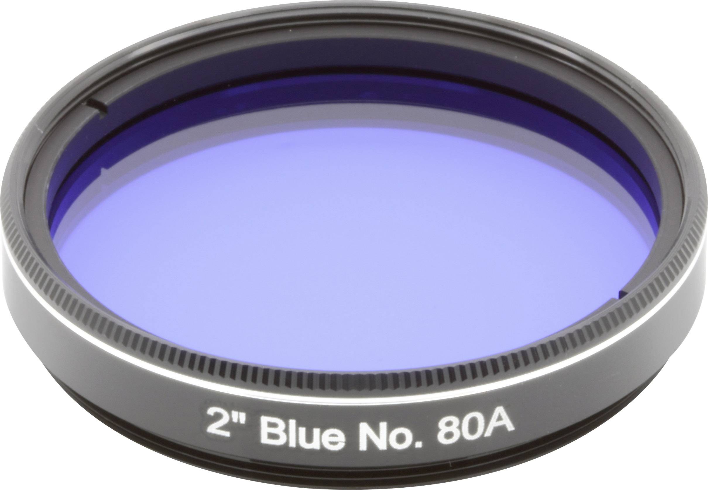 Blauwe camera-filter met de opdruk '2" Blue No. 80A'.