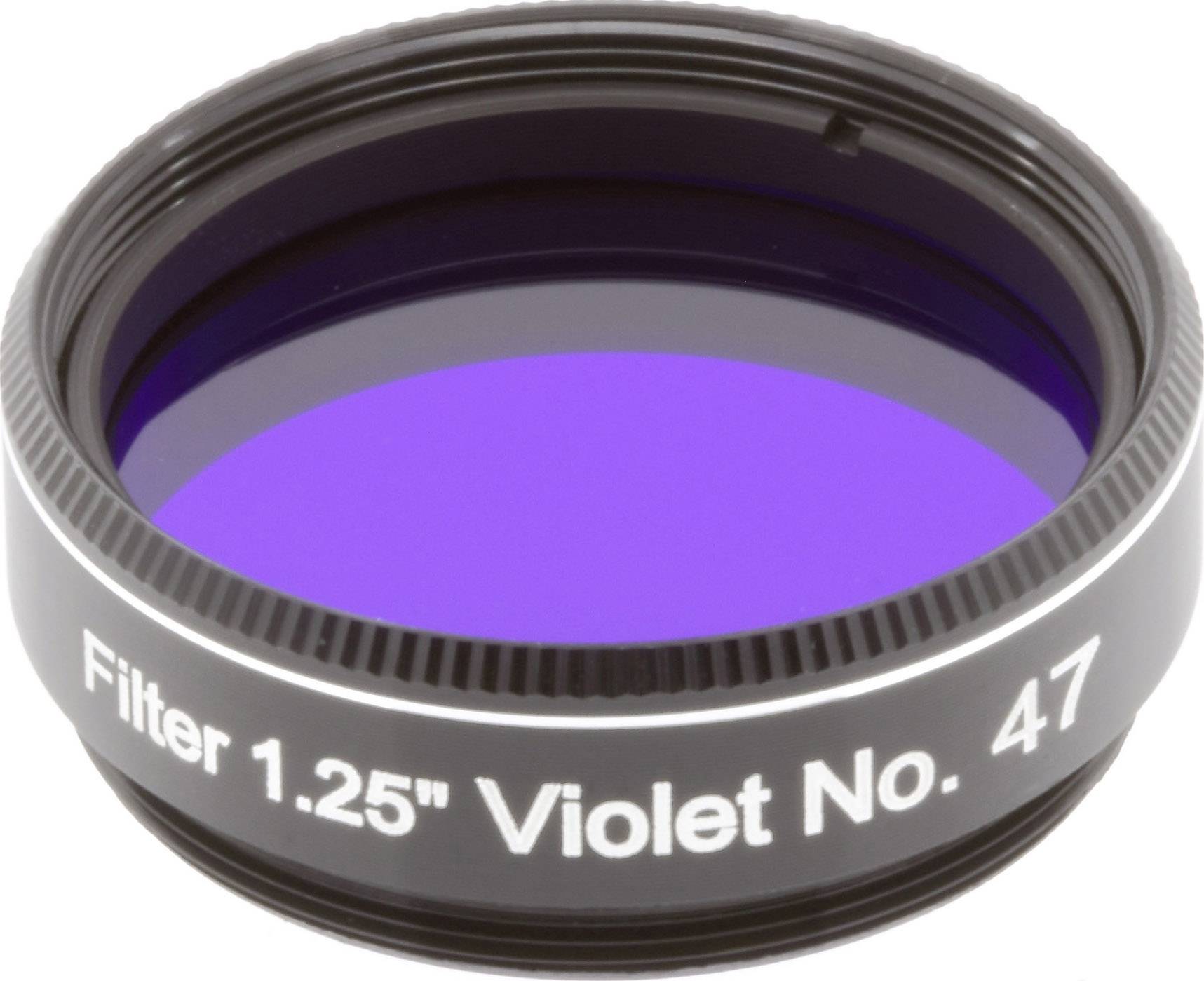 Roodachtige, paarse telescoopfilter nummer 47 met de opdruk 'Filter 1.25" Violet No. 47' op de zwarte behuizing.