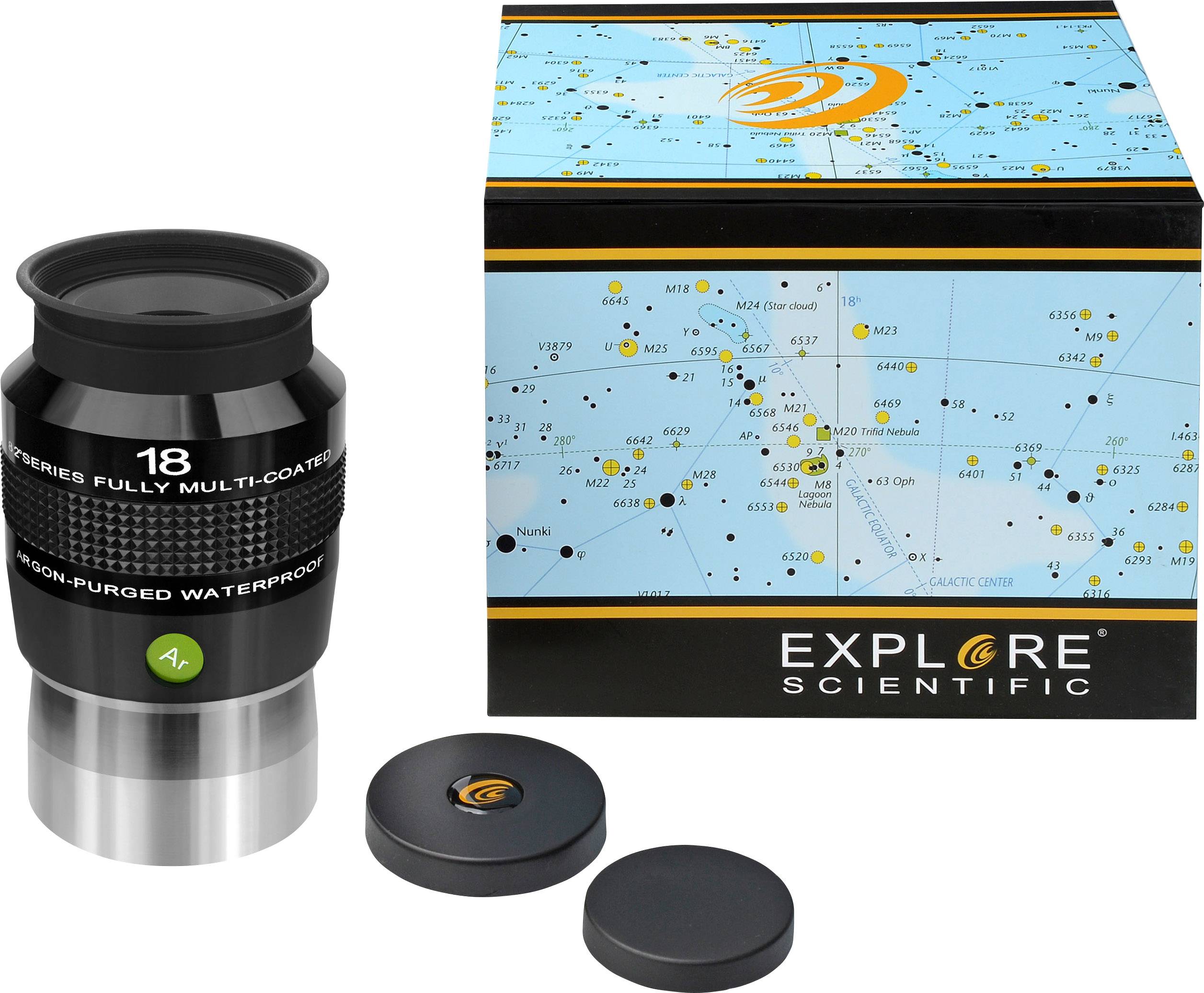 Telescoop-oculair met doos en doppen. De doos toont een sterenkaart. Merk: Explore Scientific.