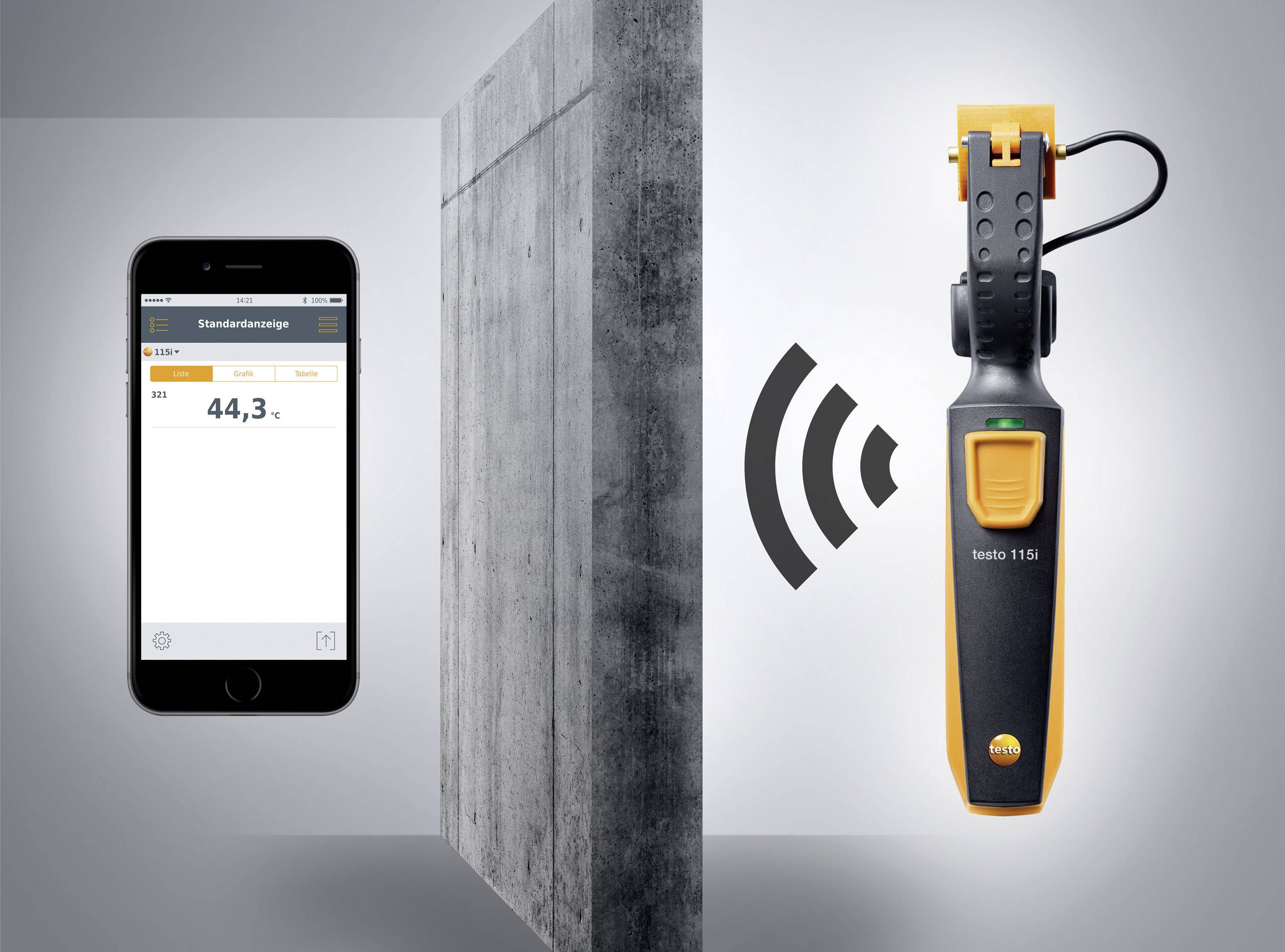 Een digitaal meetapparaat en smartphone tonen draadloze communicatie. Het apparaat meet luchtvochtigheid, de smartphone toont '44,3%'.