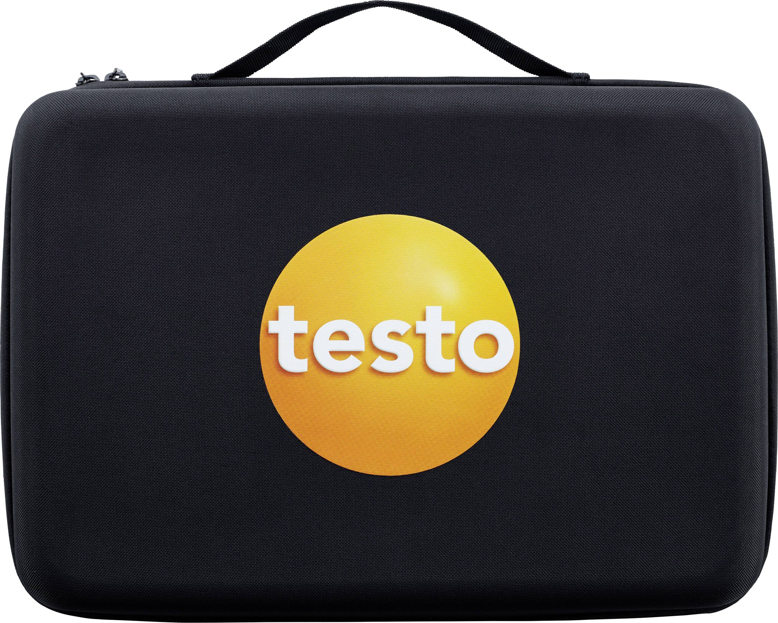 Zwarte koffer met oranje logo van het merk 'testo' in het midden.