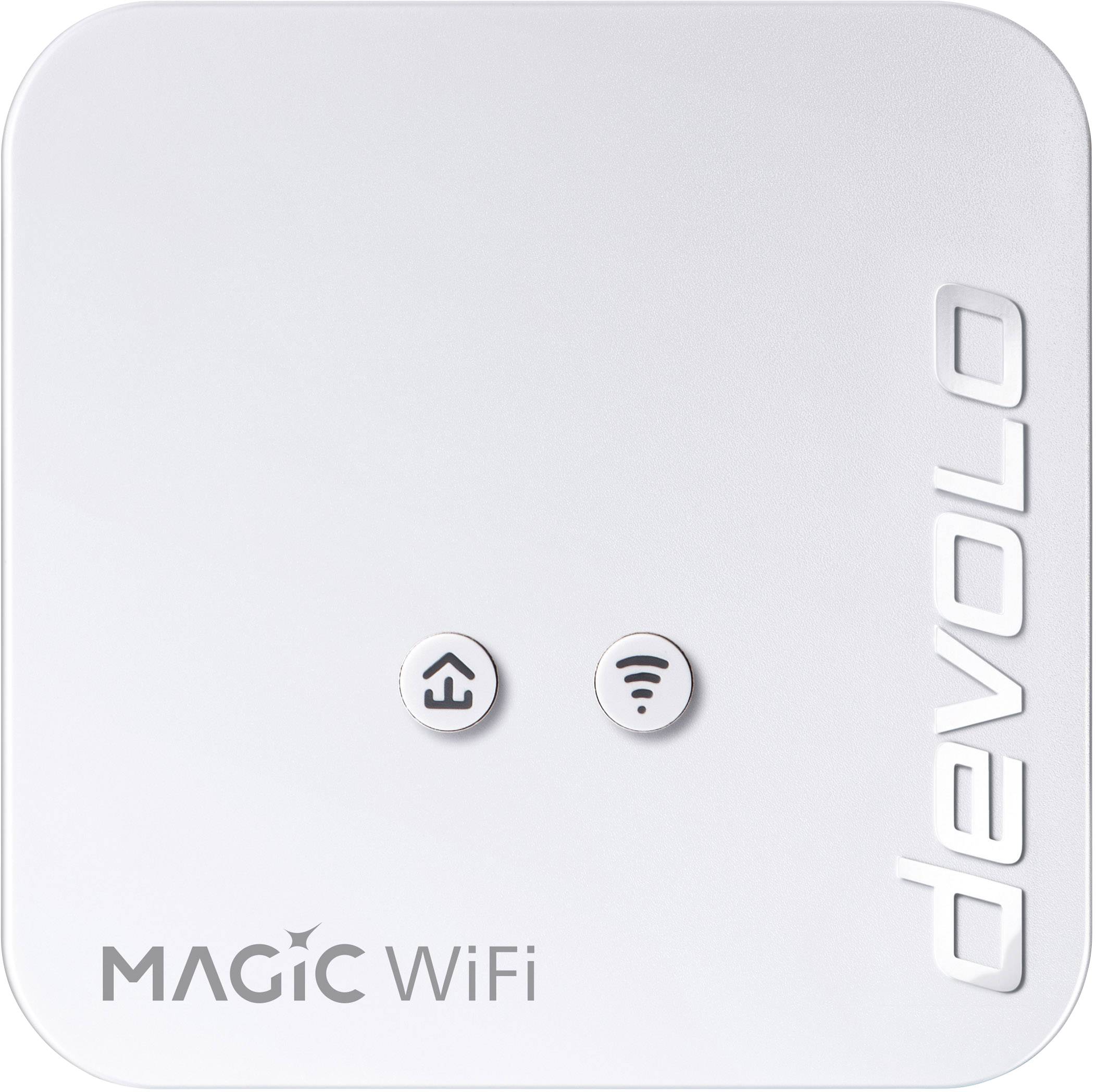 Een witte Devolo Magic WiFi-adapter met twee knoppen op de voorkant, één voor het thuisnetwerk en één voor WiFi.