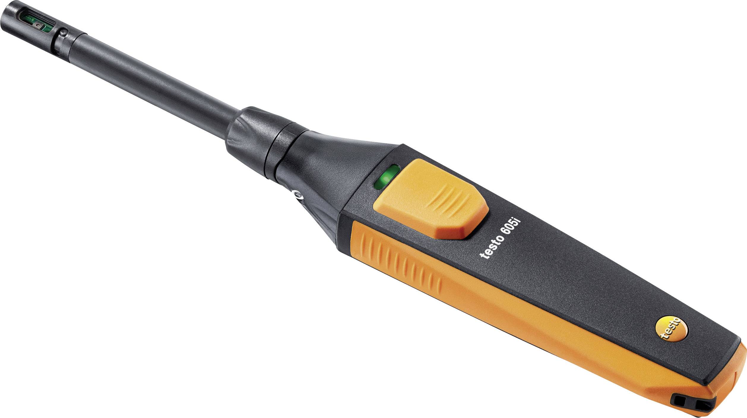 Een zwart en oranje elektronisch apparaat met de tekst 'testo 405i', vermoedelijk een meetinstrument met een lange sonde.