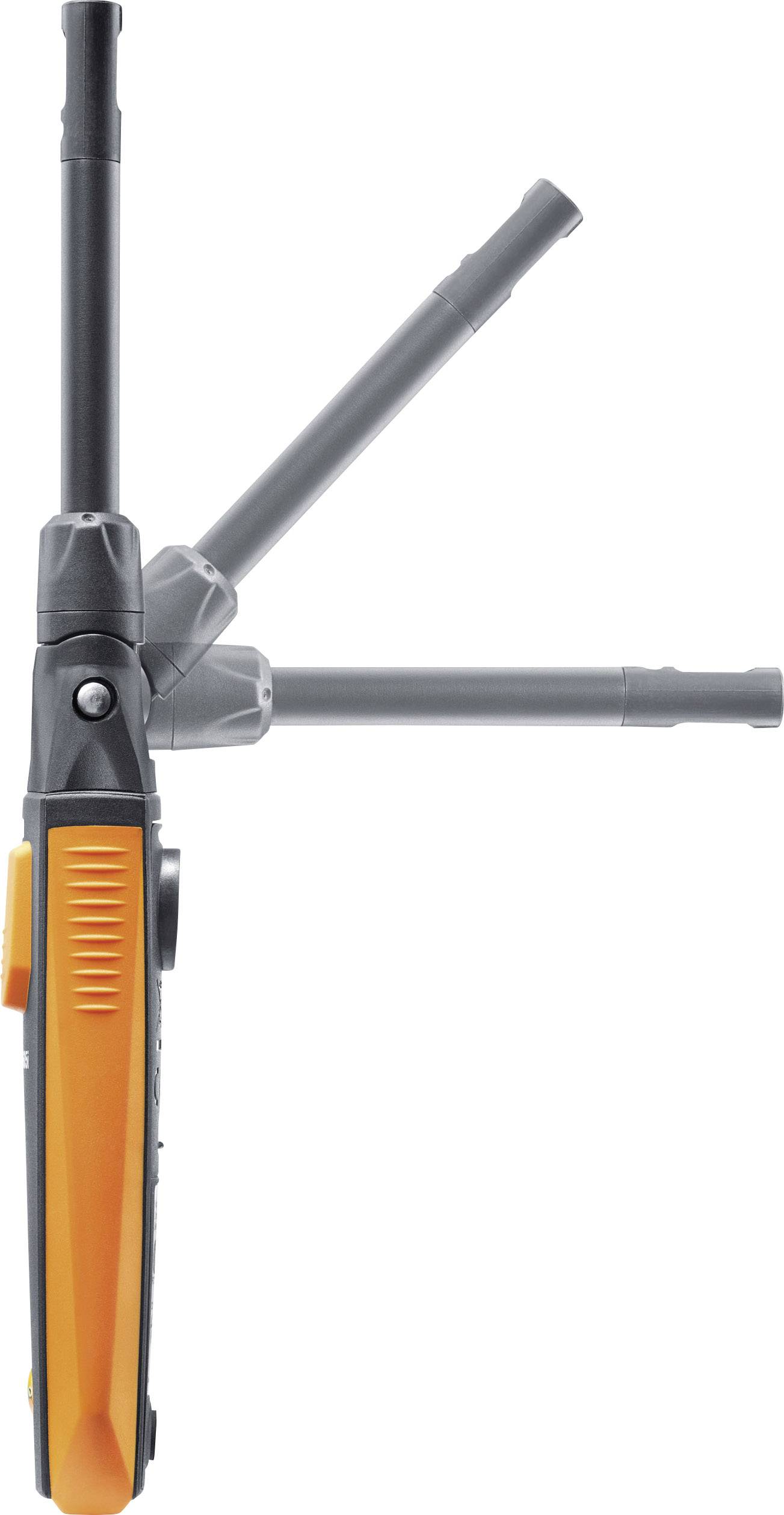 Een walkietalkie met een oranje behuizing en een uitschuifbare antenne, weergegeven in drie posities.