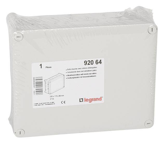 'Legrand 920 64' elektrische aansluitdoos, 220x170x86 mm, wordt getoond verpakt in beschermfolie.