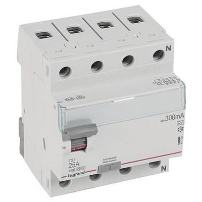 Driefase-vermogensschakelaar met nominale stroom van 25A en beveiligingsschakelaar bij 300mA. Gebruikt voor elektrische veiligheid.