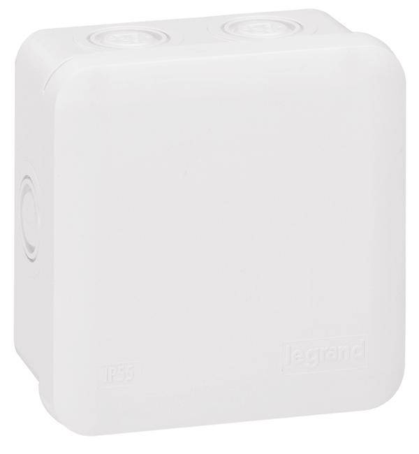 Witte, vierkante kunststof aftakdoos met afgeronde hoeken. Geschikt voor elektrische installaties. Merklogo 'Legrand' rechtsonder.