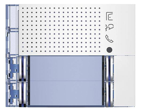 Een elektronisch apparaat met twee schakelaars en communicatiesymbolen. Bovenaan zijn symbolen voor microfoon en telefoonhoorn afgebeeld.