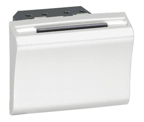 Witte meubelgreep met afgeronde randen, voorzien van een metalen rail met schroefgaten voor bevestiging aan kasten.
