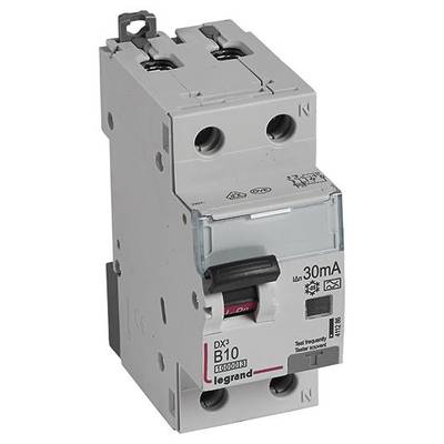 Een vermogensschakelaar van Legrand, type DX3 B10 met 30mA nominale stroom. Bevat testfunctie en installatie-aansluitingen boven en onder.