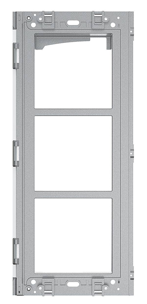 Een grijze metalen frame met drie rechthoekige uitsneden die kunnen worden gebruikt als openingen of ramen.