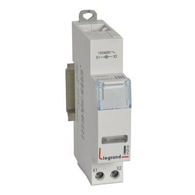Een unipolaire elektrische schakelaar van Legrand met 110/400V. Hij heeft twee schroefaansluitingen onderaan, gemarkeerd met 'X1' en 'X2'.