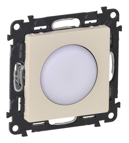 Een vierkante lichtschakelaar met een rond, verlicht middendeel en een beige rand, monteerbaar op een zwarte houder.