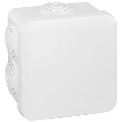Een rechthoekige, witte kunststof behuizing met afgeronde hoeken en meerdere sluitingen aan de zijkanten, gemarkeerd met „legrand" en „IP55".