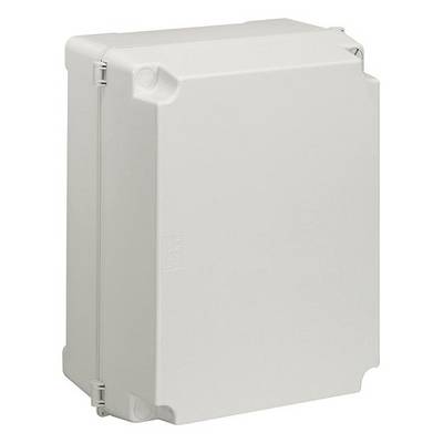 Een grijze, rechthoekige beschermbehuizing met afgeronde randen en twee scharnieren aan de zijkant. Gebruikt voor elektrische componenten.