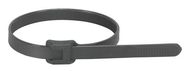 Een zwarte kabelbinder, meestal gebruikt voor het bevestigen of bundelen van kabels en draden.