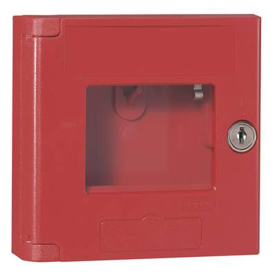 Rode behuizing met transparant venster en slot, ter bescherming van noodapparatuur zoals brandblusapparaten.