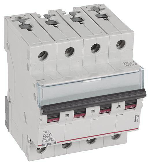 Een vierbaans vermogensschakelaar van Legrand, model B40, voor elektrische zekeringen in verdeelkasten.