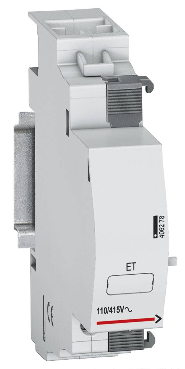Een wit, smal elektrisch module is zichtbaar, gekenmerkt door 'ET' en spanning '110/415V'. Het heeft aansluitingen aan de boven- en onderzijde.