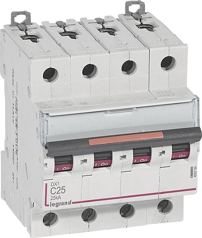 Een vierpolige beschermingsschakelaar van Legrand, model DX3 C25 25kA. Gebruikt voor het beschermen van elektrische circuits tegen overbelasting.
