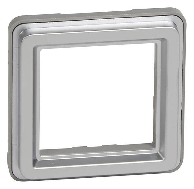 Vierkante, zilveren roestvrijstalen frame met een grote, centrale opening, geschikt voor stopcontacten of schakelaars.