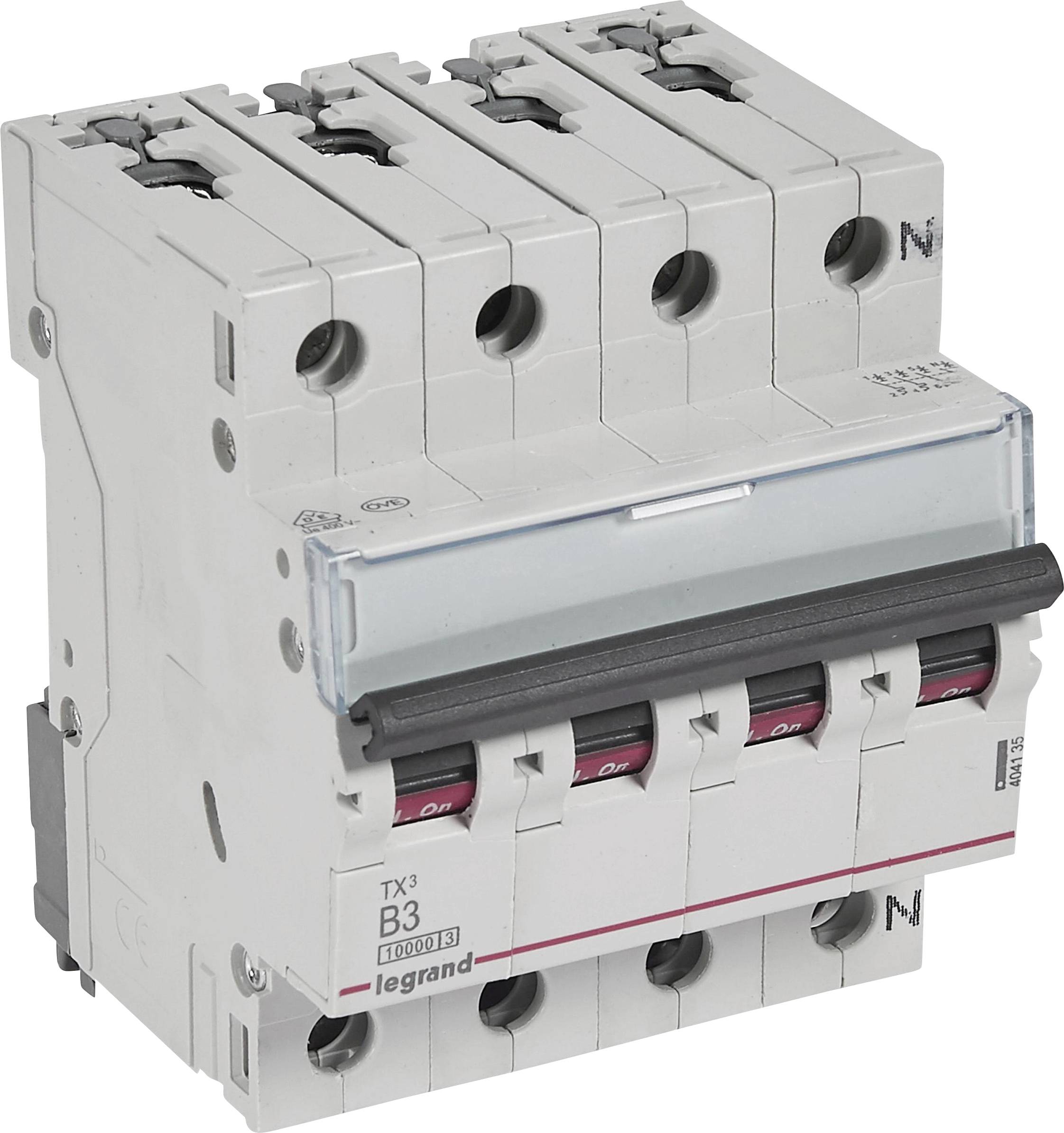 Een vierpolige vermogensschakelaar van Legrand, model TX3 B3, voor distributie en beveiliging van elektrische stroomkringen.