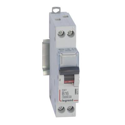 Een unipolaire installatieautomaat met een schakelcapaciteit van 6000 A en een nominale stroomsterkte van 16 A, geschikt voor montage op DIN-rail.