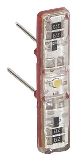 Een transparante, rechthoekige LED-clip met twee metalen pinnen, waarop drie kleine LED's en twee zwarte componenten met de opdruk 'ELZ' zichtbaar zijn.
