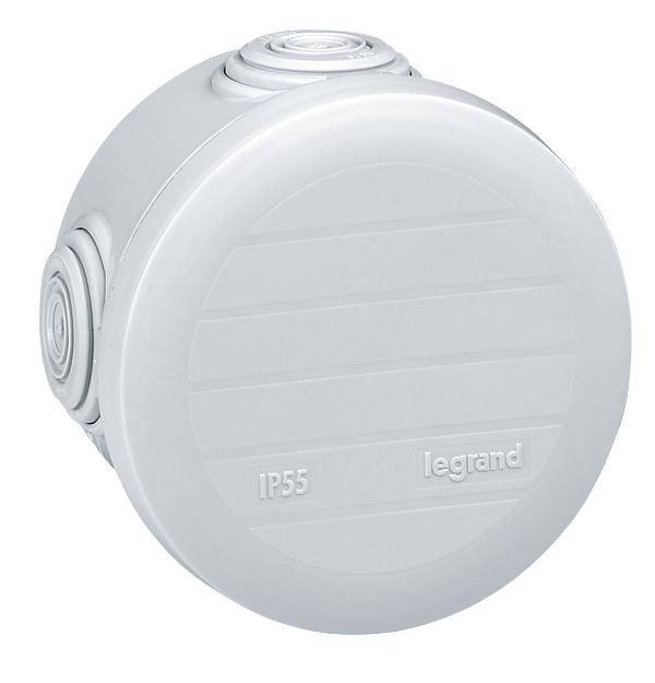 Ronde grijze aftapdoos met ingedrukte tekst 'IP55' en 'legrand' aan de voorkant. Ontworpen voor de bescherming van elektrische aansluitingen.
