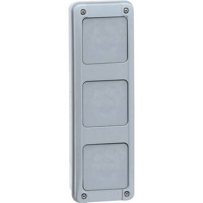 Metalen rechthoekige doos met afgeronde hoeken, drie vierkante vakken aan de voorkant, bovenaan en onderaan telkens vier schroeven.