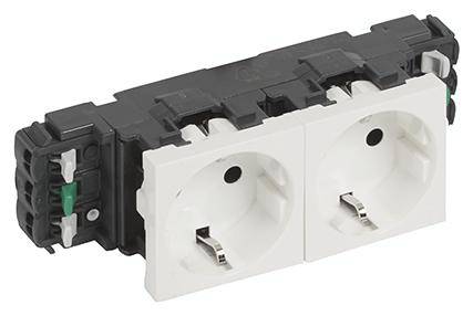 Dubbele stopcontact met zwarte en witte behuizing, geschikt voor wandmontage. Apparaat voor 230V elektrische installaties.