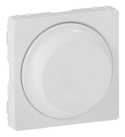 Een witte, vierkante dimmer met een gladde oppervlakte, gebruikt voor het reguleren van de lichtintensiteit in een ruimte.