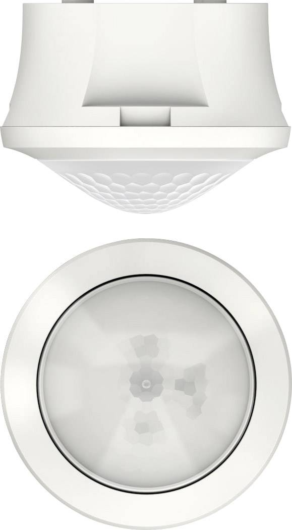 Bewegingsmelder met wit behuizing van boven en onder weergegeven; voor het detecteren van bewegingen en automatische verlichingsbesturing.