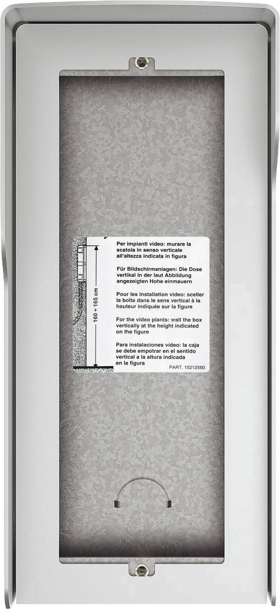 Metalen schakelpaneel met centrale rechthoekige uitsparing. Bevat installatiehandleidingen voor videobewakingsapparatuur in het Engels.