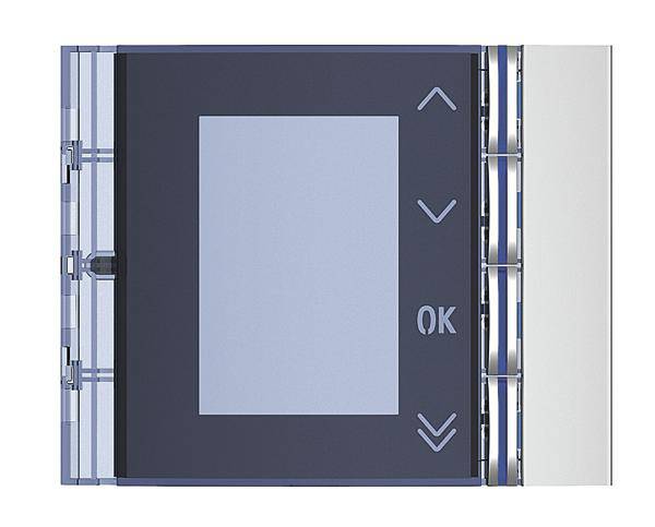 Een digitale thermostaat met display en bedieningsknoppen. Pijlen wijzen naar boven en beneden, de 'OK'-toets bevindt zich rechts.
