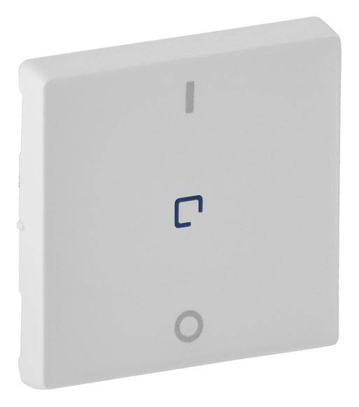Een vierkante, witte lichtschakelaar met een blauw symbool en een cirkel eronder. Minimalistische vormgeving.