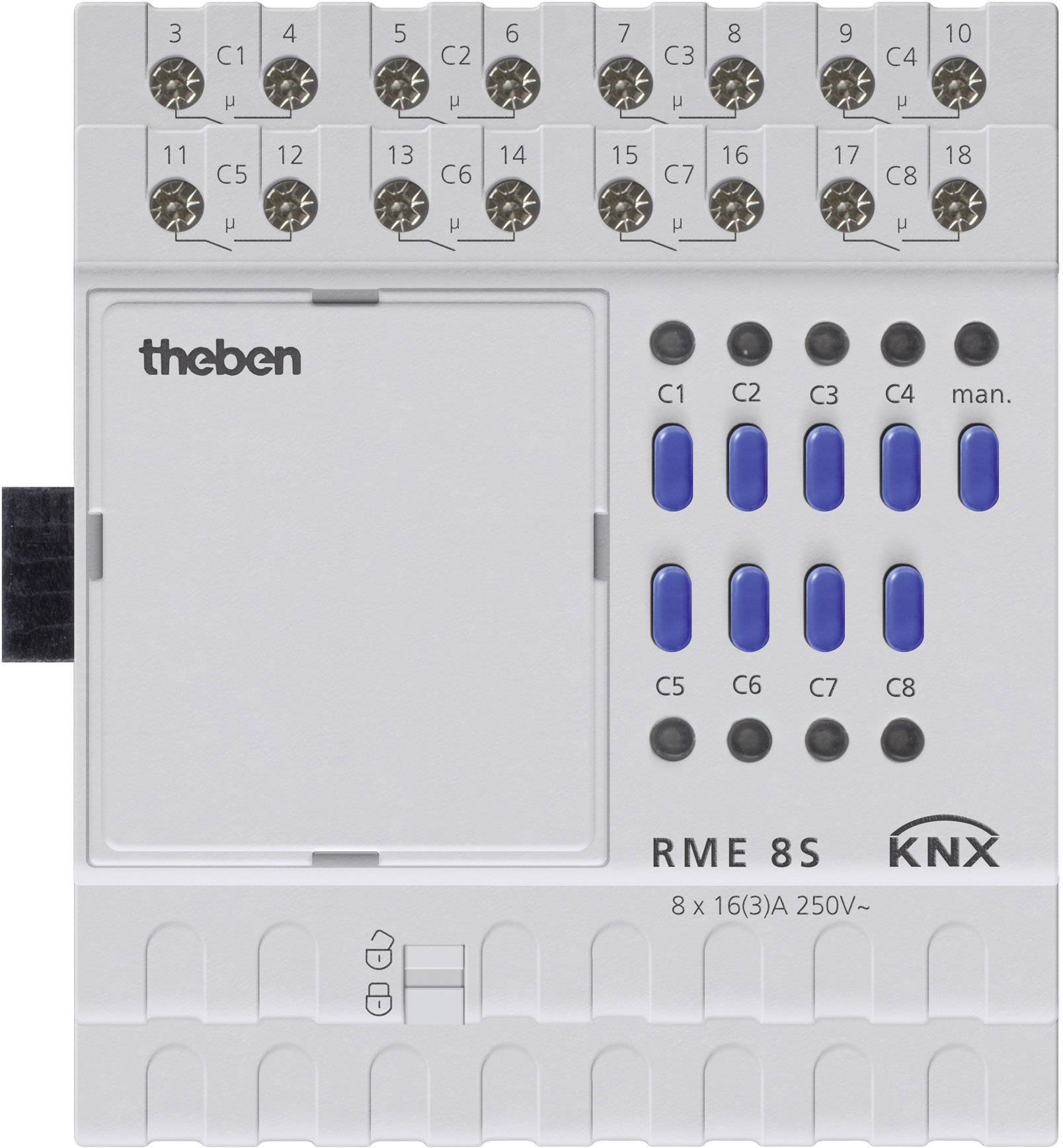 Stuureenheid RME 8S van Theben, vooraanzicht. Bevat aansluitingen en schakelaars C1-C8 voor elektrische besturing, KNX-compatibel.