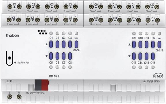 Een Theben KNX-schakelactor RM 16 T met 16 kanalen, blauwe LED-indicatoren voor handmatige bediening, en een wit oppervlak.